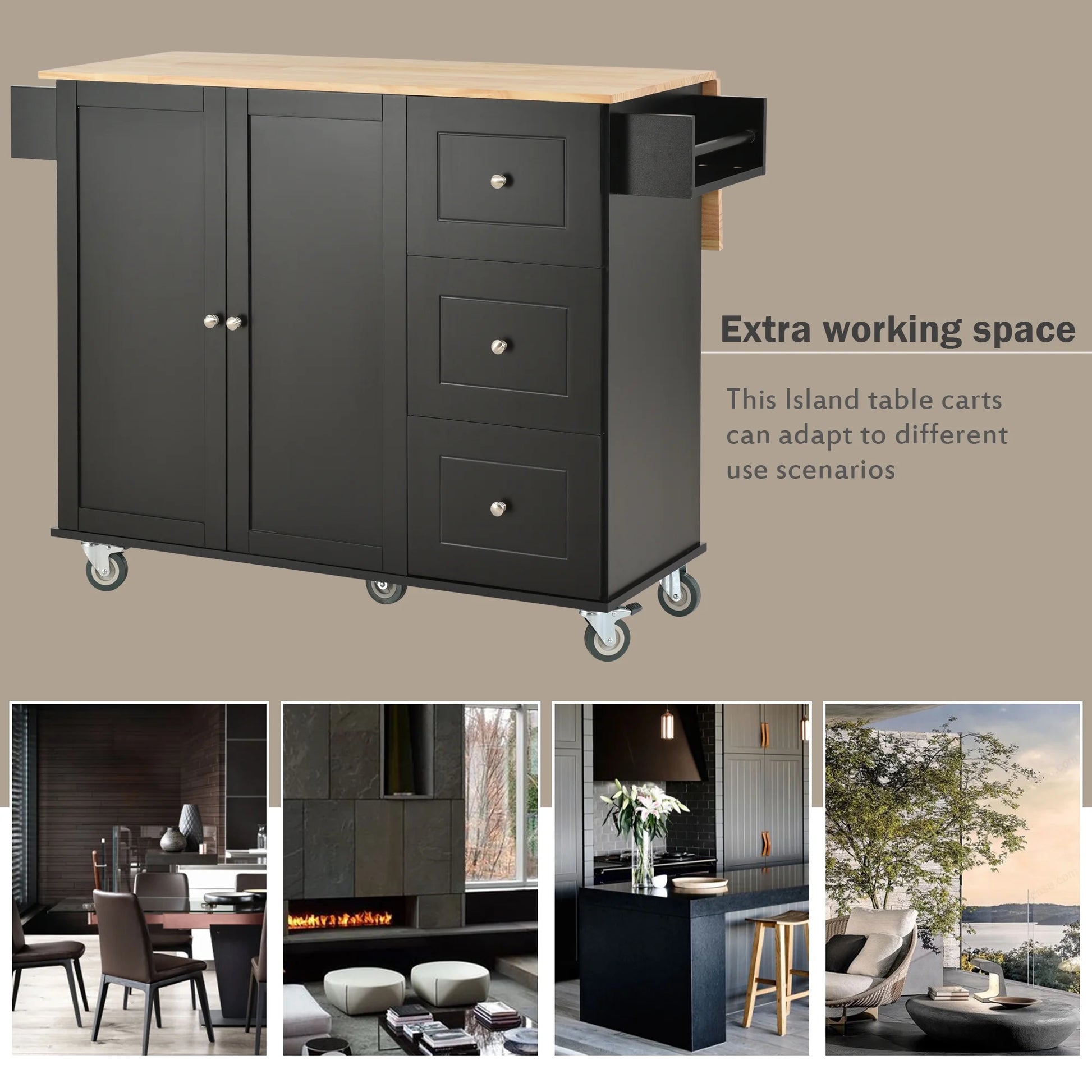 52.7" Width Rolling Mobile Kitchen Island with Solid Wood Top and Locking Wheels, Moveable Kitchen Island Cart with Storage Cabinet, Drop Leaf Breakfast Bar, Spice Rack, Towel Rack, Drawer