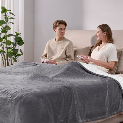Ocuuziisu Electric Blanket 90" x 100" King Size Heated Blanket, Flannel and Sherpa, 10 Hour Auto-off, 9 Heat Settings, Fast Heating, Machine Washable, Gray