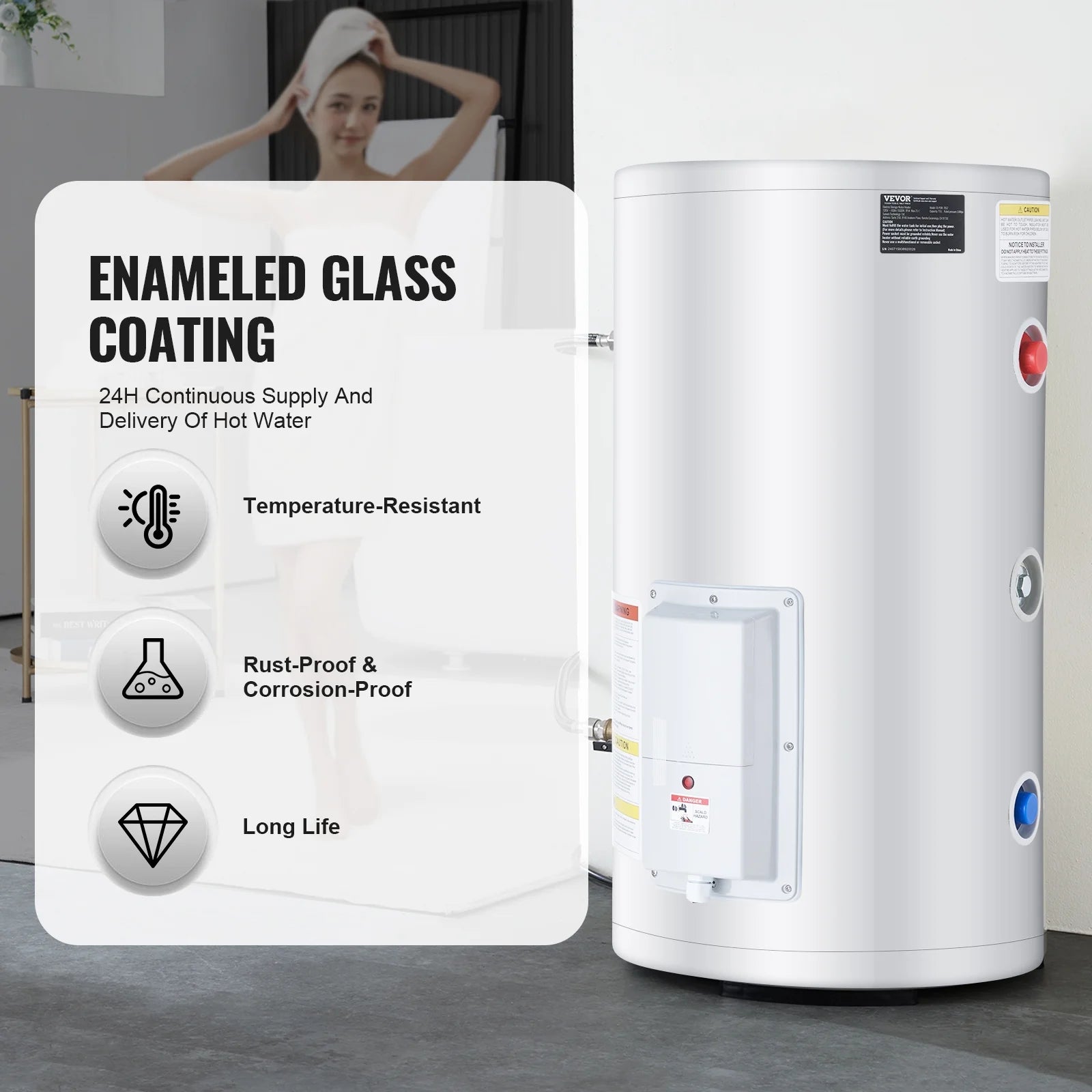 VEVOR Electric Water Heater, 18 Gallon Tank Instant Hot Water Heater, 1.6Kw Tankless Water Heater w/LED Display,Knob Control, IPX4 Waterproof Side Connection On Demand Heaters for Shower, Bath