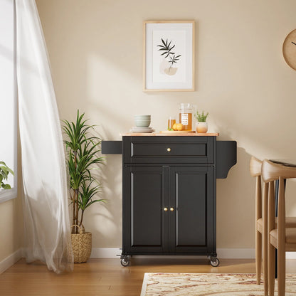 Kitchen Island with Storage on Wheels, Microwave cart with Spice Rack, Towel Rack & Drawer, Black