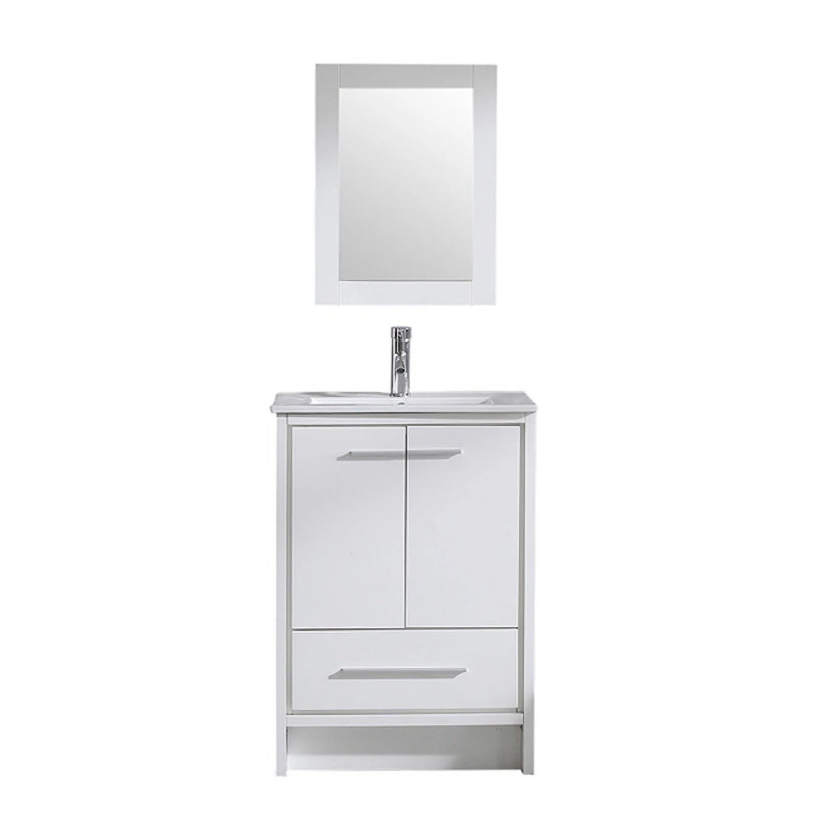 Walsport 24" Luxurious Bathroom Vanity with Ceramic Sink and Countertop and Mirror and Faucet,Double Door Stand Floor Cabinet Bathroom Storage Vanity with Pop Up Drain,White