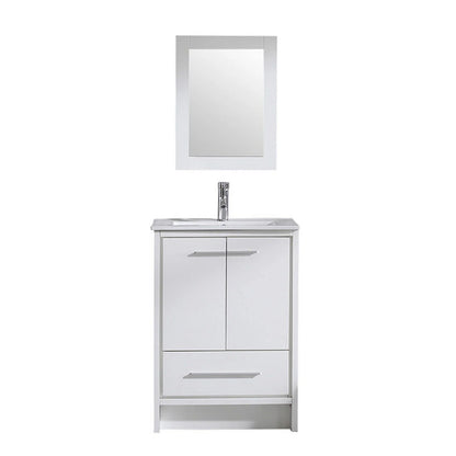 Walsport 24" Luxurious Bathroom Vanity with Ceramic Sink and Countertop and Mirror and Faucet,Double Door Stand Floor Cabinet Bathroom Storage Vanity with Pop Up Drain,White