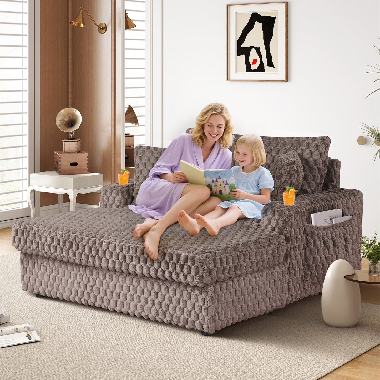 Aukfa Oversized Chaise Lounge Loveseat Couch with 2 Cup Holders& Throw Pillows, Fluffy Corduroy, Olive Green