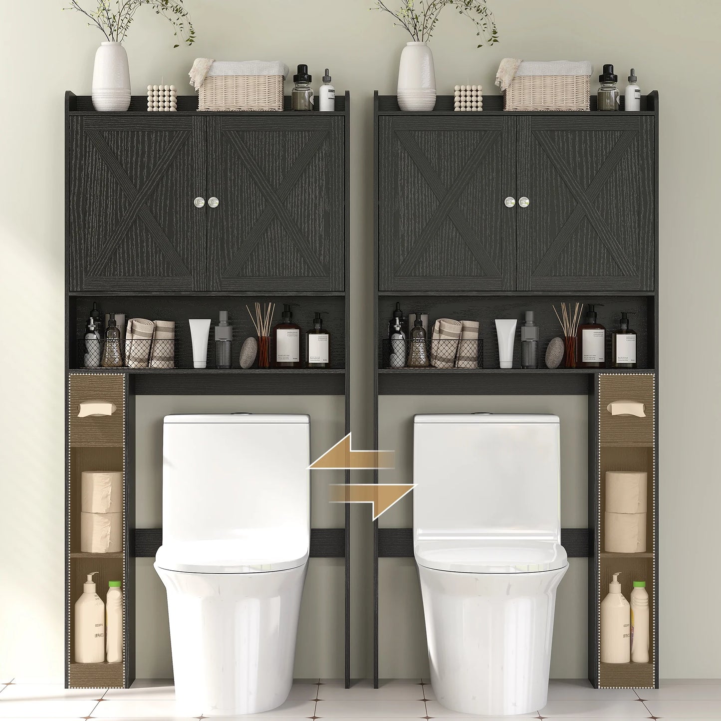 HOMCOM Over the Toilet Storage Cabinet, Farmhouse Above Toilet Bathroom Organizer with Barn Doors, Adjustable Shelf, Toilet Paper Holder, Black