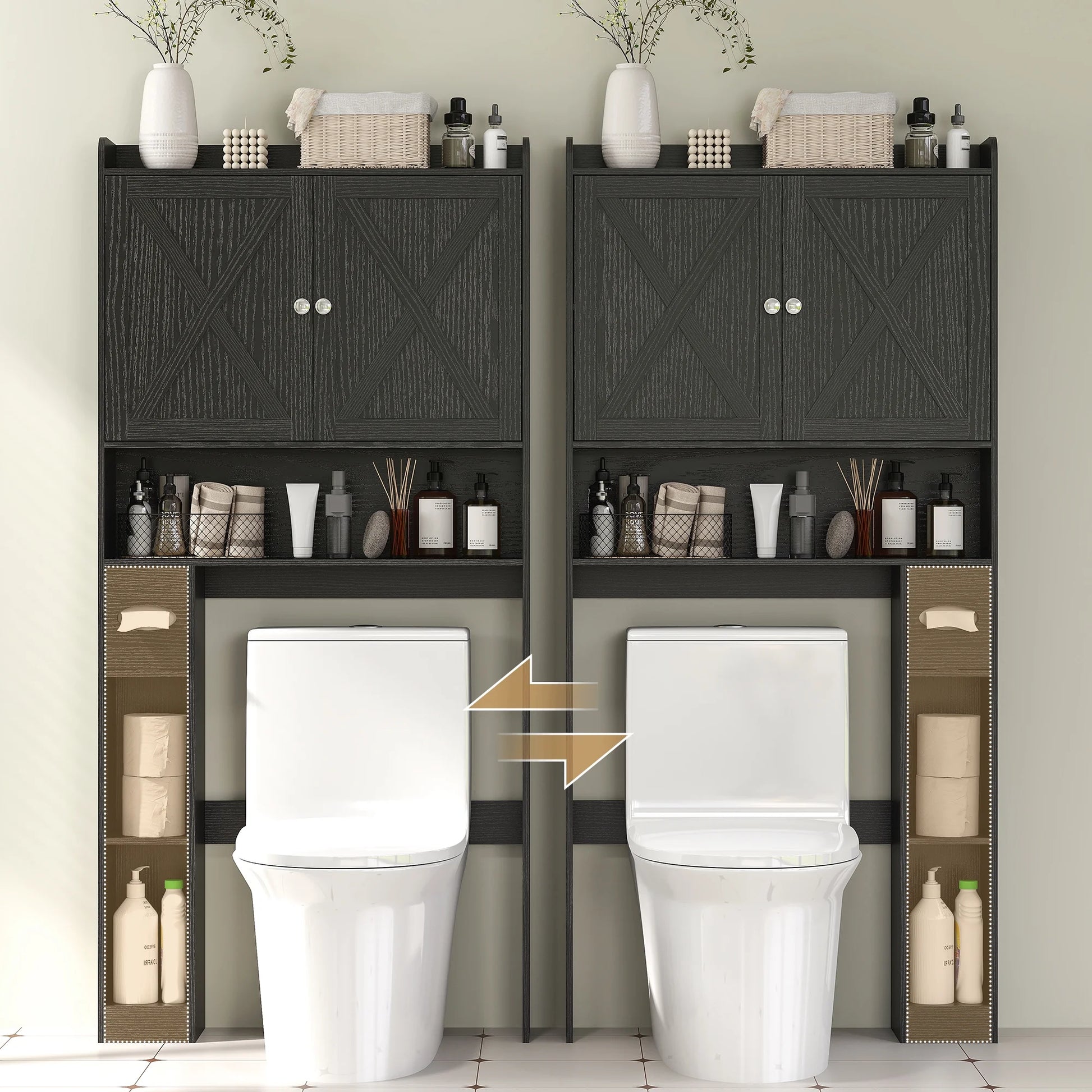 HOMCOM Over the Toilet Storage Cabinet, Farmhouse Above Toilet Bathroom Organizer with Barn Doors, Adjustable Shelf, Toilet Paper Holder, Black