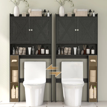 HOMCOM Over the Toilet Storage Cabinet, Farmhouse Above Toilet Bathroom Organizer with Barn Doors, Adjustable Shelf, Toilet Paper Holder, Black