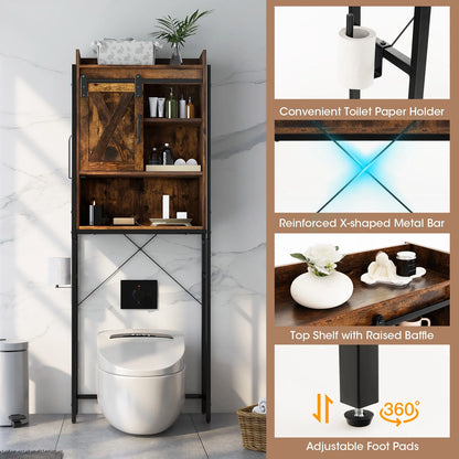 Topbuy Over The Toilet Storage Cabinet 4-Tier Bathroom Organizer w/Adjustable Shelves Sliding Barn Door & Toilet Paper Holder Rustic Brown