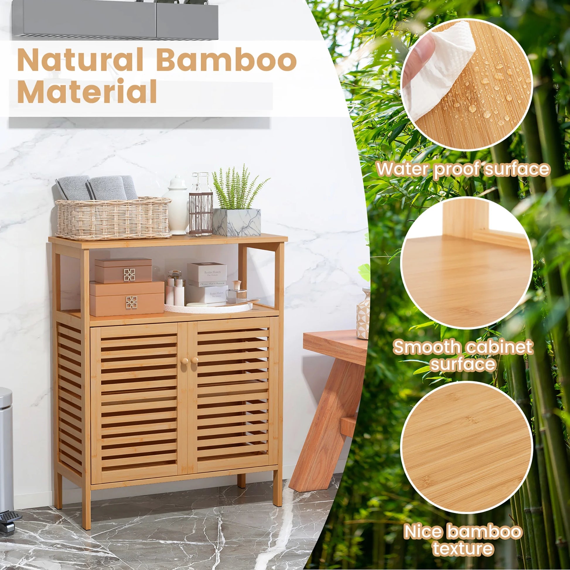 Gymax Bathroom Floor Cabinet Freestanding Bamboo Storage Organizer w/Double Shutter Doors