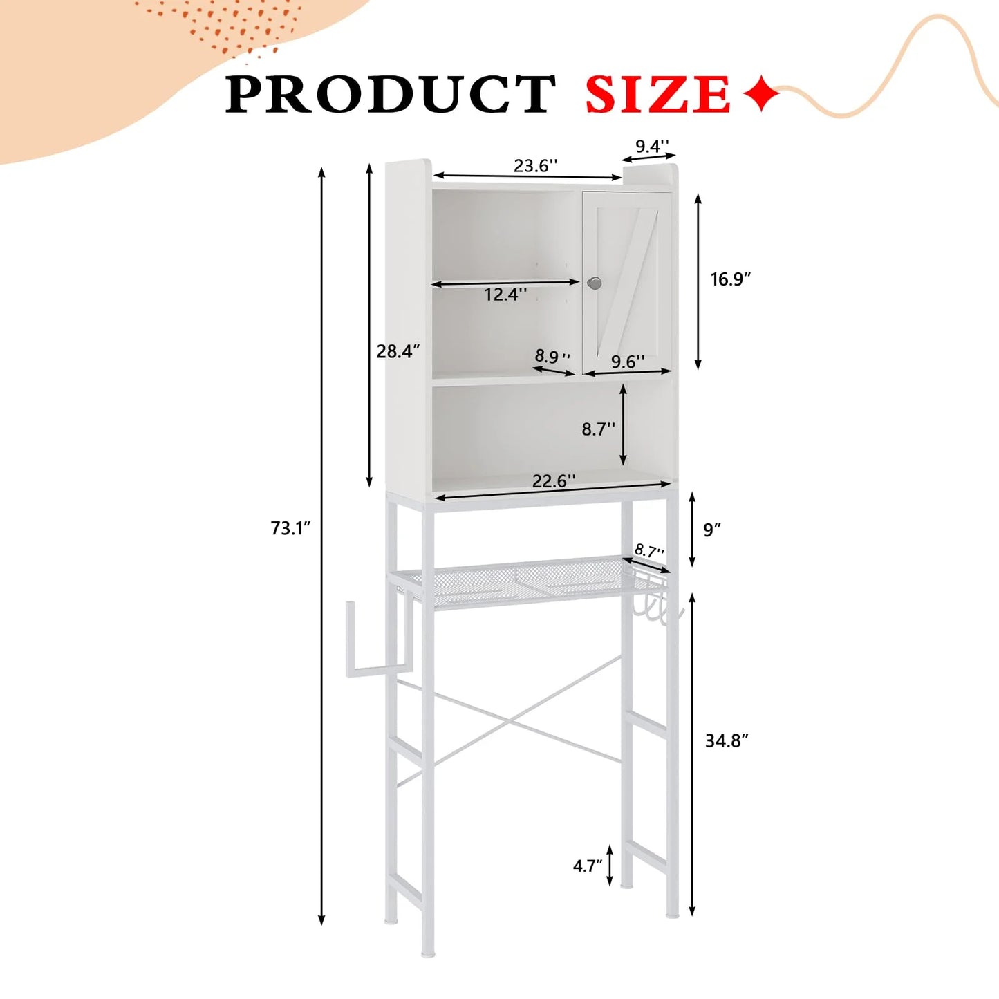 furlinkhm Over The Toilet Storage Cabinet,Bathroom Rack Organizers with Adjustable Shelf,5-Tier Bathroom Space Saver Over Toilet with Door for Bathroom, Restroom, Laundry,22.6"9.4"72.8"
