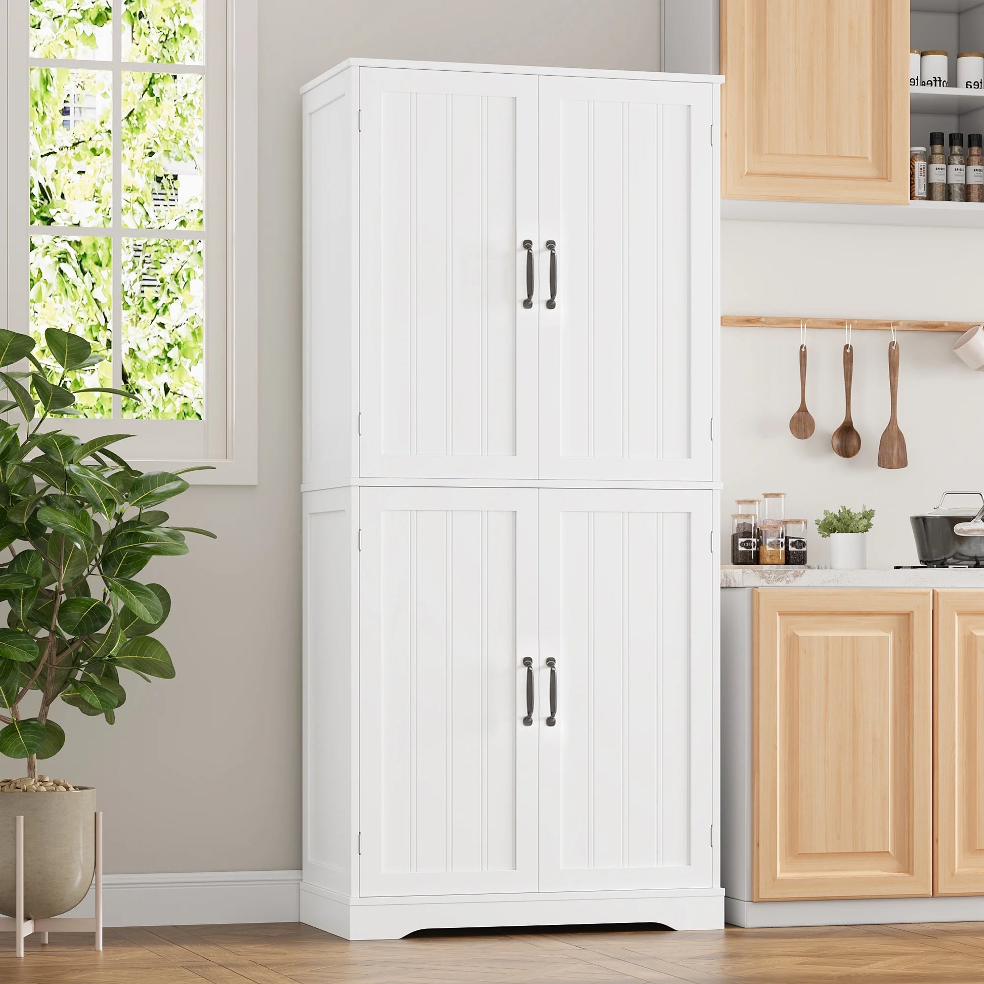 Homfa 71'' Bathroom Cabinet with 6 Storage Shelves, Freestanding Wooden Linen Cabinet for Living Room, White