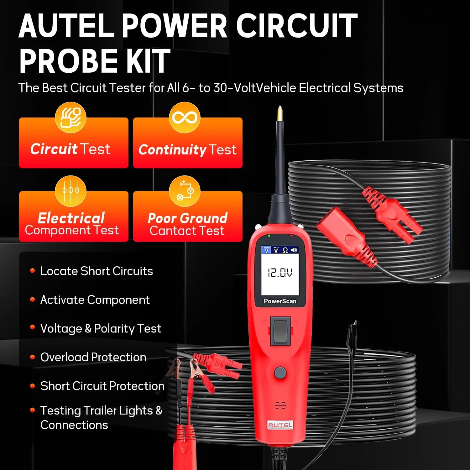 Autel PowerScan PS100 Automotive Circuit Tester, Power Circuit Probe Scan Tool, 12-24V Electrical Short Open Breaker Circuit Finder, AC/DC Current Resistance, 20ft Extension Cord