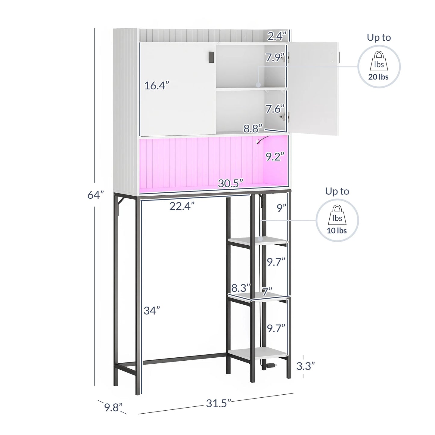 BELLEZE Over The Toilet Storage Cabinet with LED Light, Freestanding Above Toilet Rack with Adjustable Shelf, Bathroom Space Savers Anti-Tipping Device Included - Murano (White)