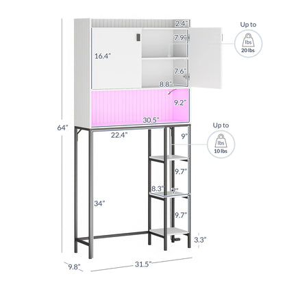 BELLEZE Over The Toilet Storage Cabinet with LED Light, Freestanding Above Toilet Rack with Adjustable Shelf, Bathroom Space Savers Anti-Tipping Device Included - Murano (White)