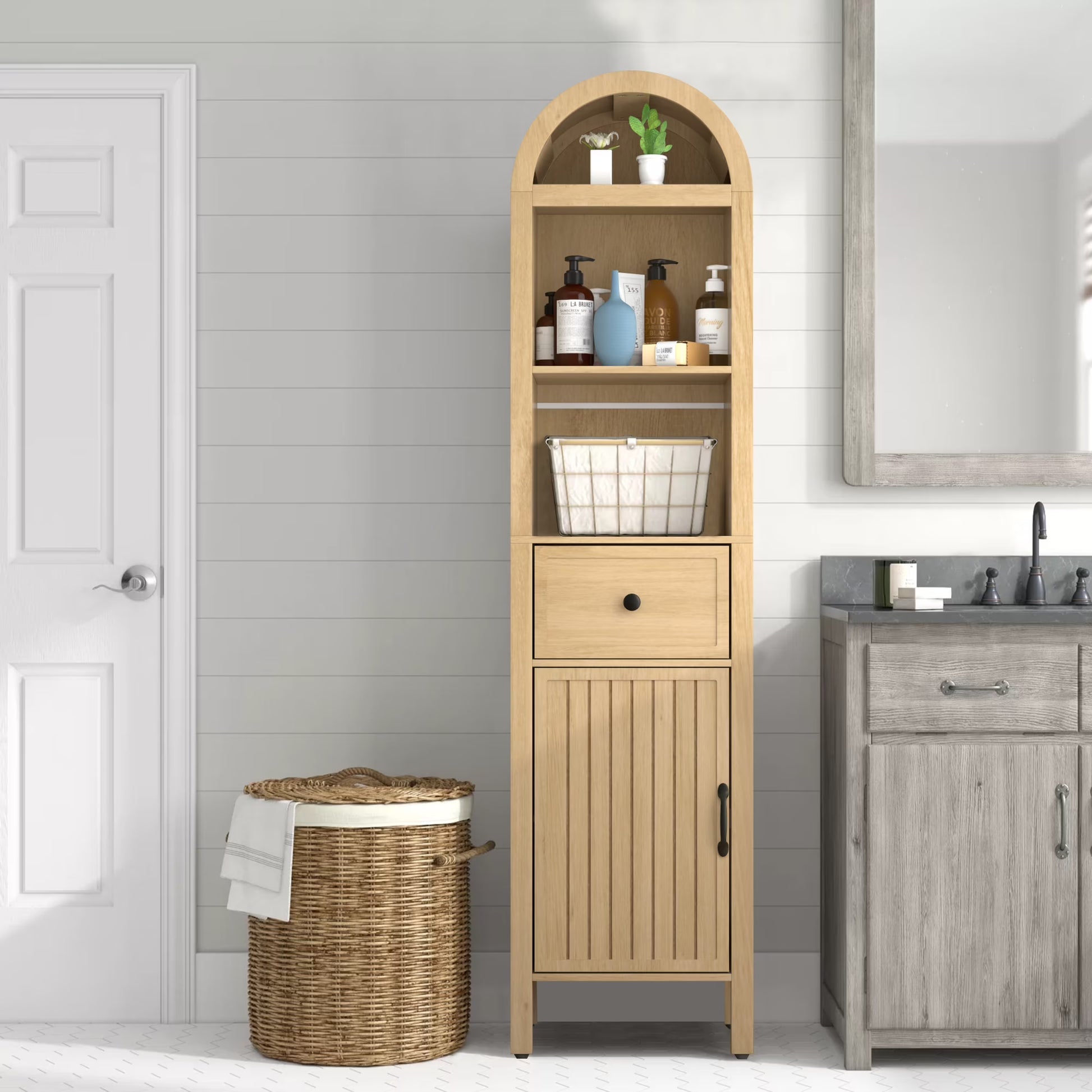 Oubayajia 64" Tall Bathroom Storage Cabinet, Narrow Tall Arched Linen Standing Tower Cabinet, Kitchen Cupboard with Adjustable Shelf and Drawer