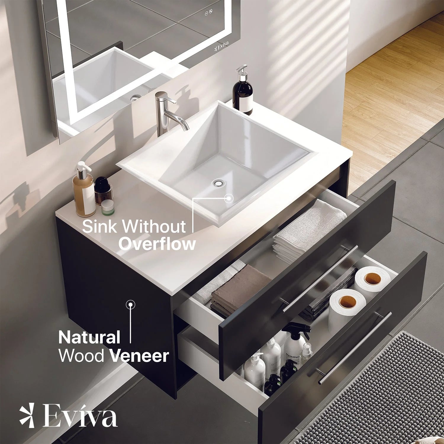 Totti Wave 30" Espresso Modern Bathroom Vanity w/Super White Man-Made Stone Top & Sink