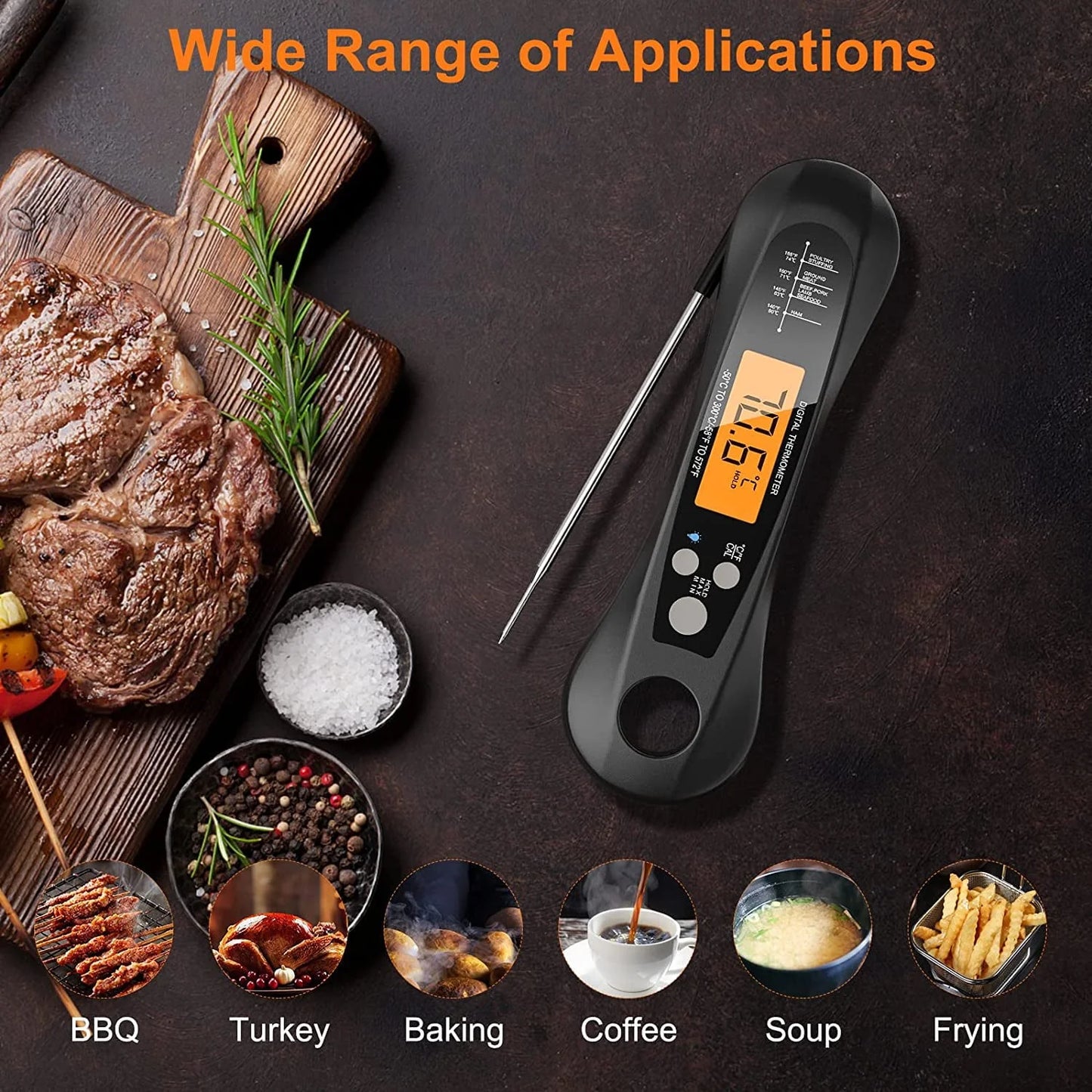 BEYCED Instant Read Digital Meat Thermometer,IP67 Waterproof Grill Thermometer with Magnet,Foldable Probe,Acklight,Calibration,Fast & Precise Reading for Kitchen,Cooking,BBQ,Candy,Beef,Turkey