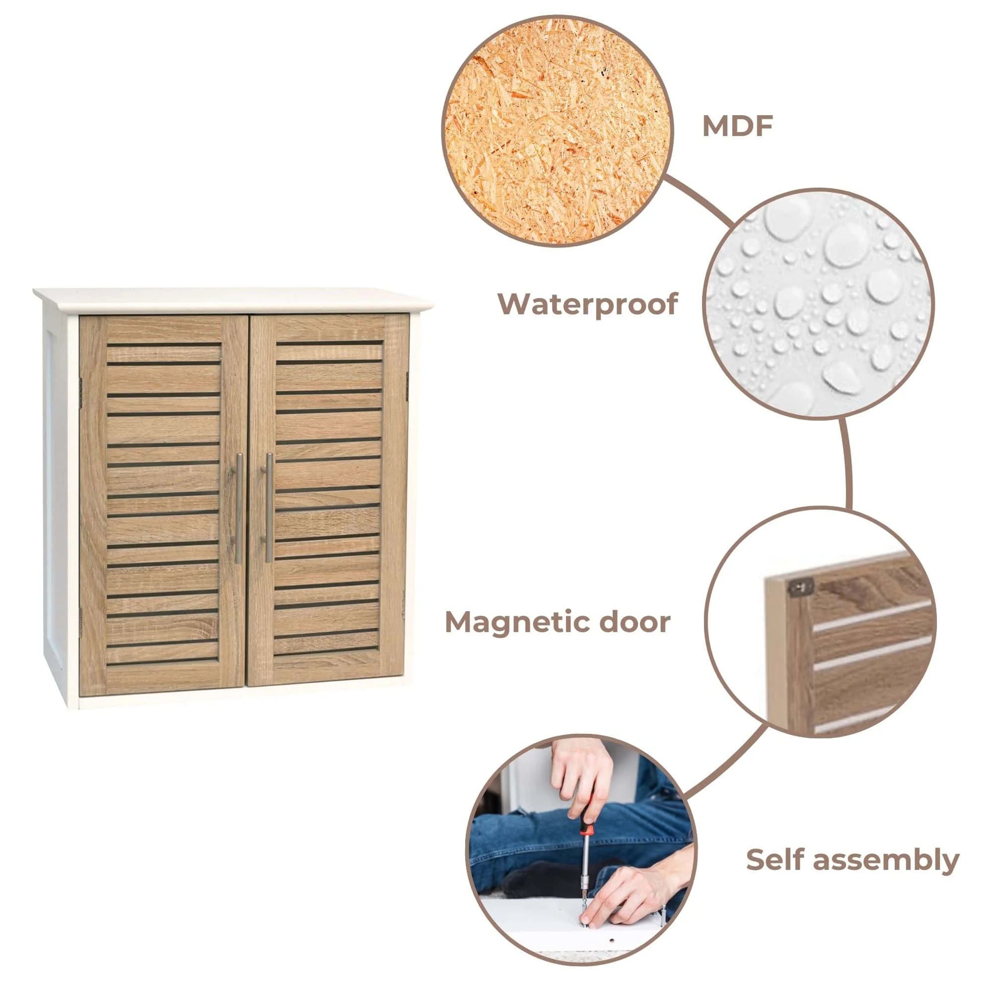 Tall Bathroom Storage Cabinet with Open Shelves and Vented Door, Slim Linen Cabinet for Compact Bathroom Organization, White and Oak Finish - Stockholm Collection