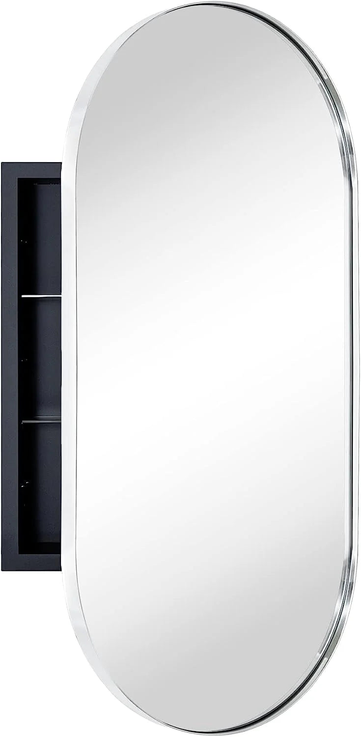 Oval Recessed Bathroom Medicine Cabinet With Mirror Stainless Steel Metal Framed Oblong Pill Shaped Bathroom Cabinet With Mirror 16X33''