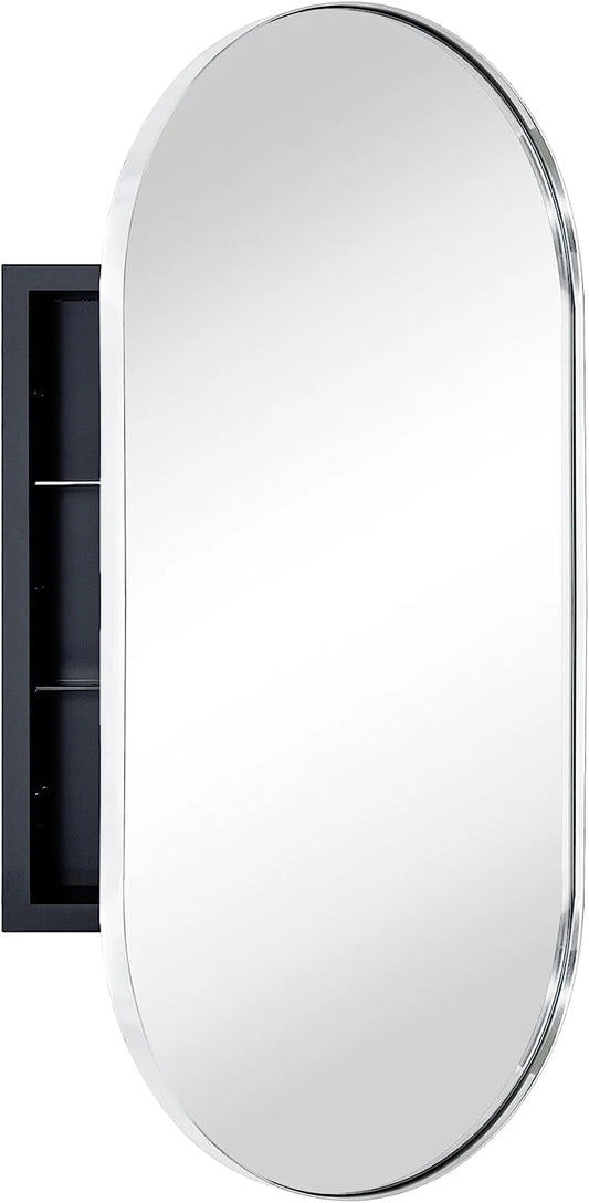 Oval Recessed Bathroom Medicine Cabinet With Mirror Stainless Steel Metal Framed Oblong Pill Shaped Bathroom Cabinet With Mirror 16X33''