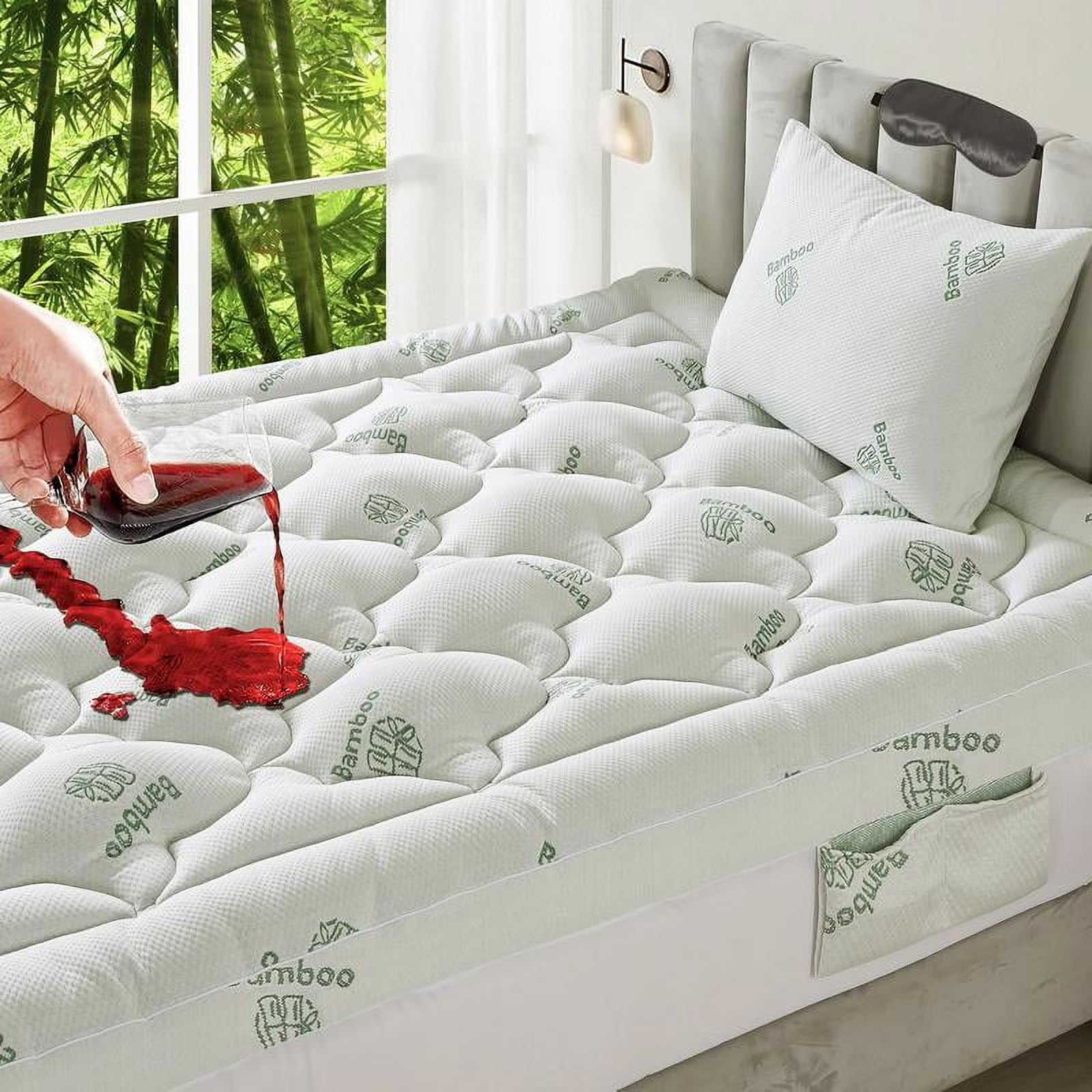 ZuoZuoMing Bamboo Mattress Topper 1000GSM with 1 Pillow Protector& Eye Mask, Side Pocket, Waterproof Mattress Protector, Cooling Extra Thick Breathable Mattress Pad Cover,8-21° Deep