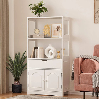 Sideboard Storage Cabinet with Drawer& Shelves, Kitchen Pantry Storage Cabinet with Microwave Space& Cupboard, Modern Freestanding Floor Bathroom Cabinet/Bookshelf for Home Office, White