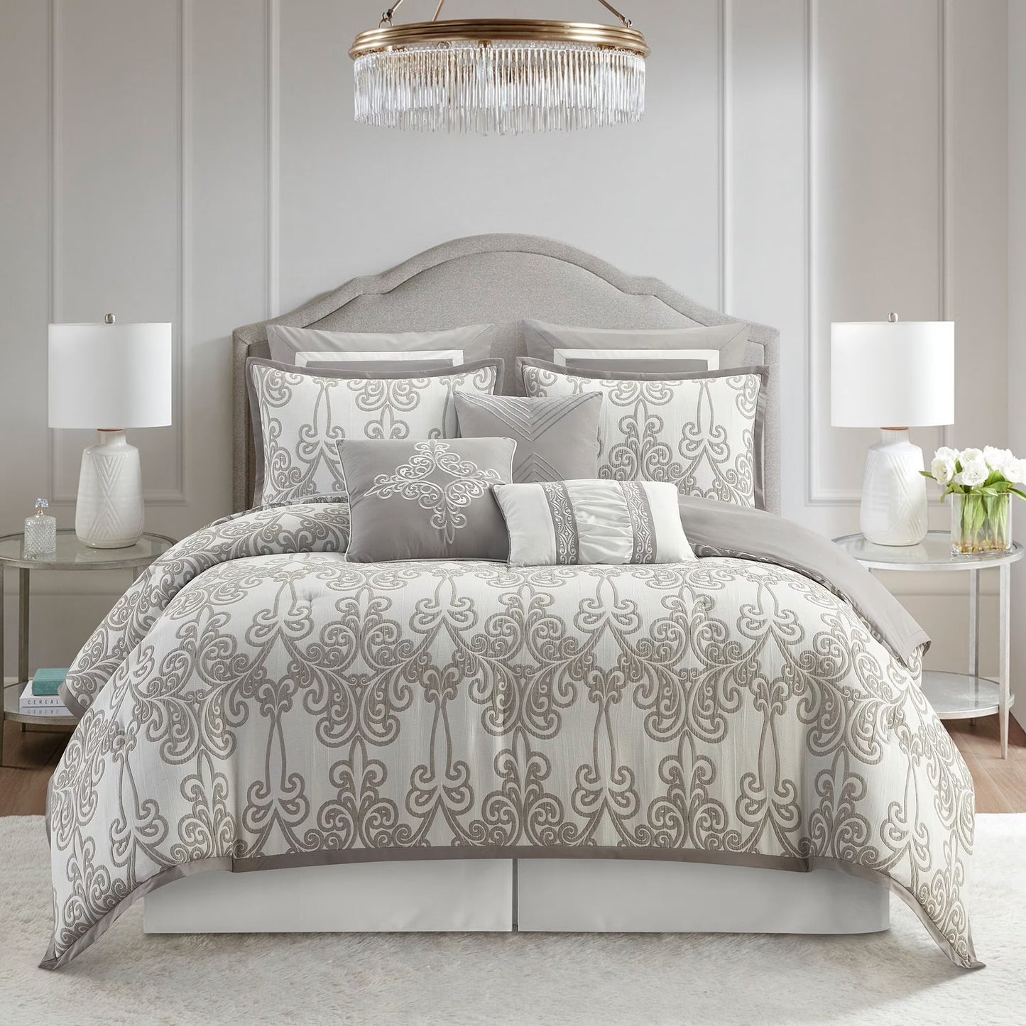 Lanco Smoke Grey Comforter Set California King Size, 9 Piece Jacquard Floral Bedding Set, All Season, Ultra-Soft, Matching Pillows & Shams, Bed Skirt