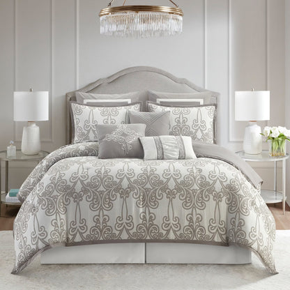 Lanco Smoke Grey Comforter Set California King Size, 9 Piece Jacquard Floral Bedding Set, All Season, Ultra-Soft, Matching Pillows & Shams, Bed Skirt