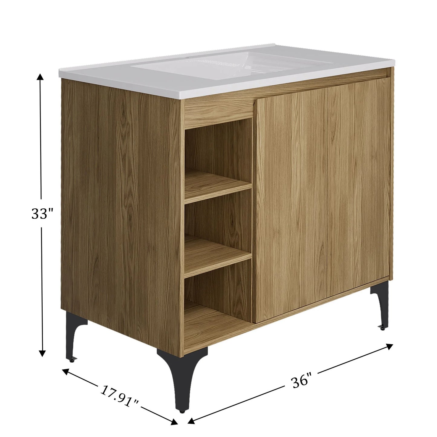 JUSTLET 36" Bathroom Vanity with Sink, Wood Bathroom Vanity Cabinet with Adjustable Shelf and Metal Legs, Bathroom Storage Cabinet with Resin Basin for Bathroom, Natural