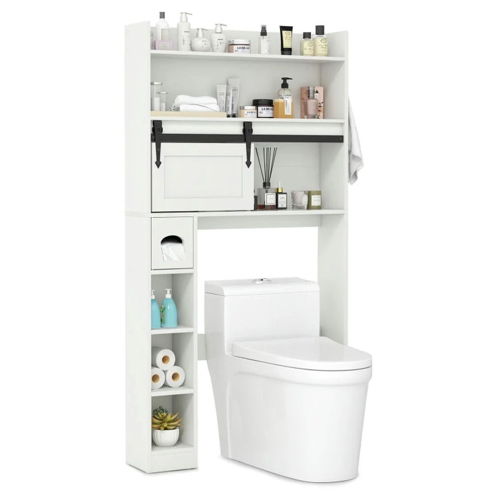 Resenkos Over The Toilet Storage Cabinet with Sliding Barn Door and Adjustable Shelves-White, Bathroom Cabinet Organizer