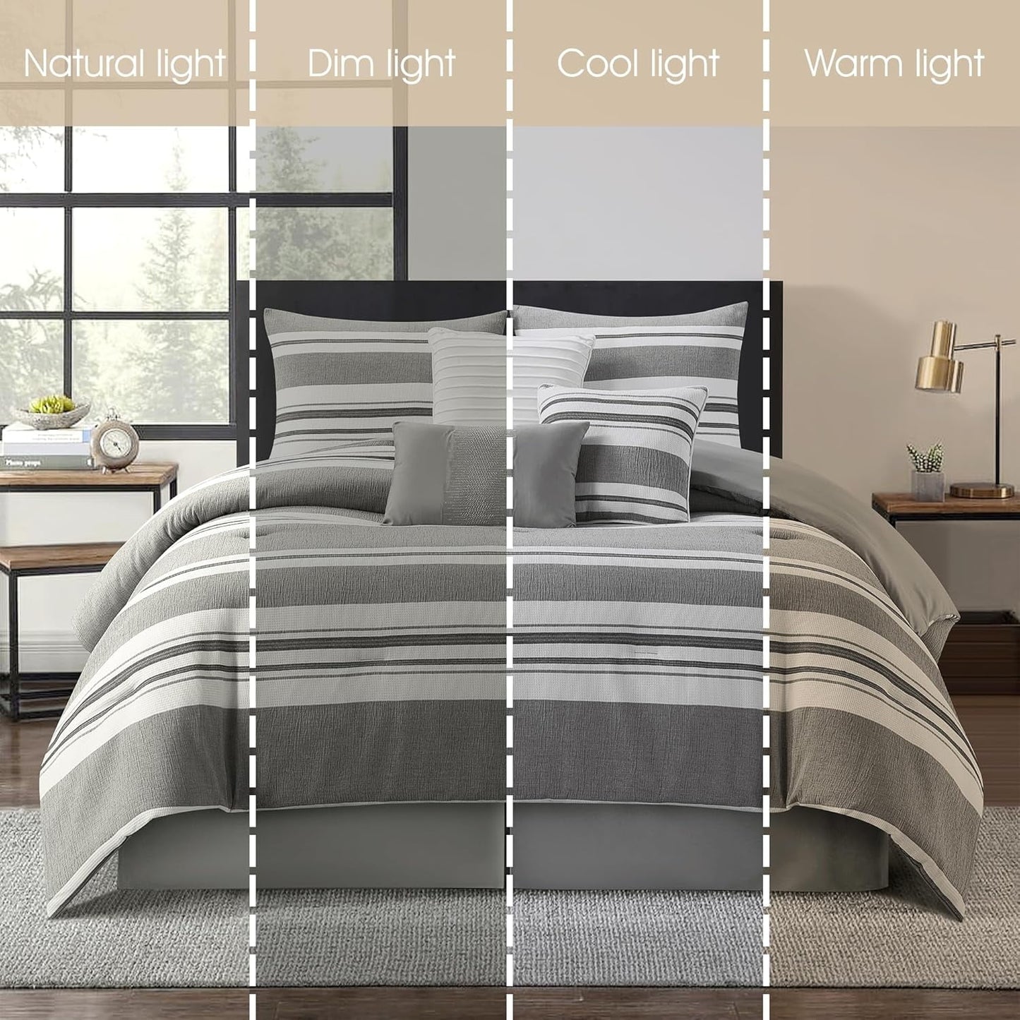 Grand Avenue White Grey Comforter Set California King Size, 7 Piece Geometric Jacquard Bedding Set, Matching Bedskirt, Pillows & Shams, Curtains