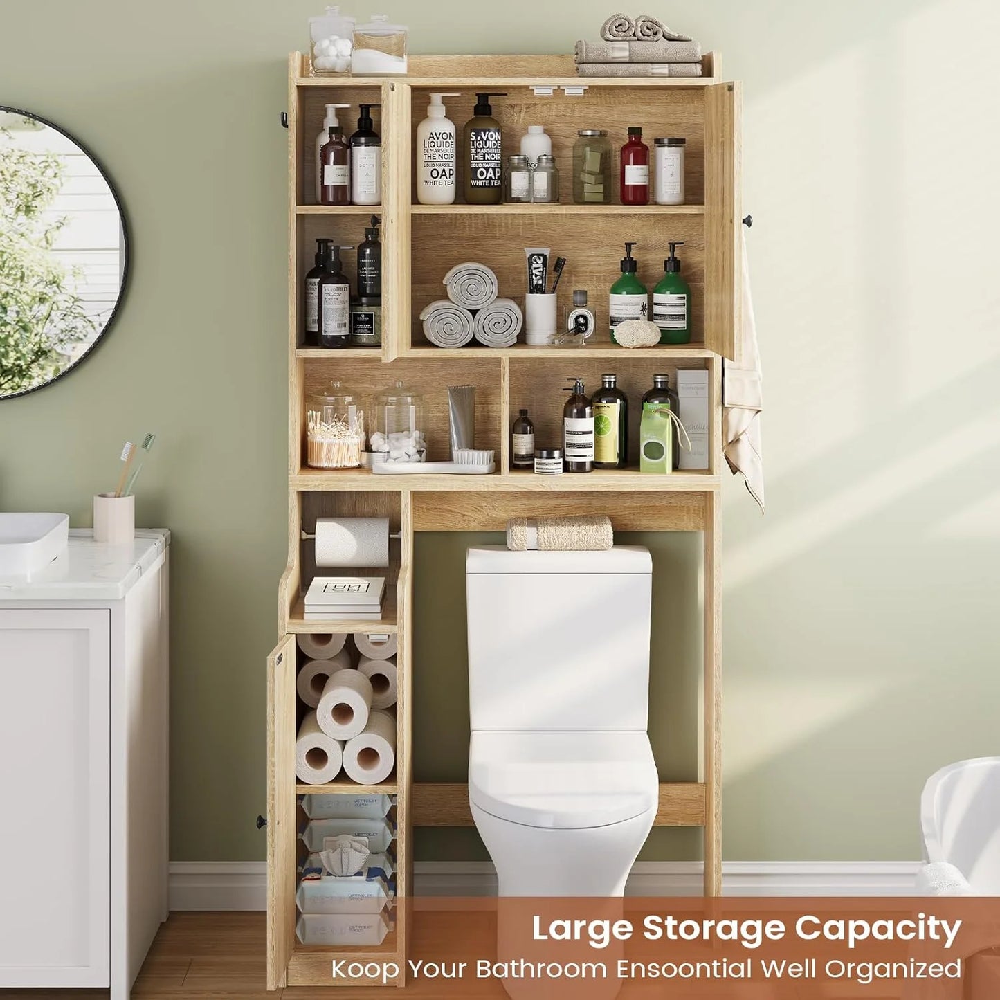 Over The Toilet Storage Cabinet with 3 Doors, Farmhouse Space Saver for Bathroom Organizer with Paper Holder, 10 Shelves and Hooks, 7-Tier Over Washing Machine Cabinet for Laundry, Bathroom, Natural