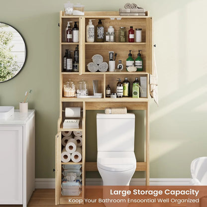 Over The Toilet Storage Cabinet with 3 Doors, Farmhouse Space Saver for Bathroom Organizer with Paper Holder, 10 Shelves and Hooks, 7-Tier Over Washing Machine Cabinet for Laundry, Bathroom, Natural