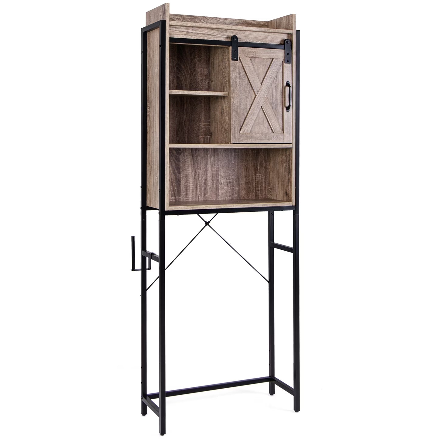 Topbuy Over The Toilet Storage Cabinet 4-Tier Bathroom Organizer w/Adjustable Shelves Sliding Barn Door & Toilet Paper Holder Rustic Brown