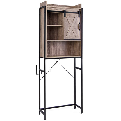 Topbuy Over The Toilet Storage Cabinet 4-Tier Bathroom Organizer w/Adjustable Shelves Sliding Barn Door & Toilet Paper Holder Rustic Brown