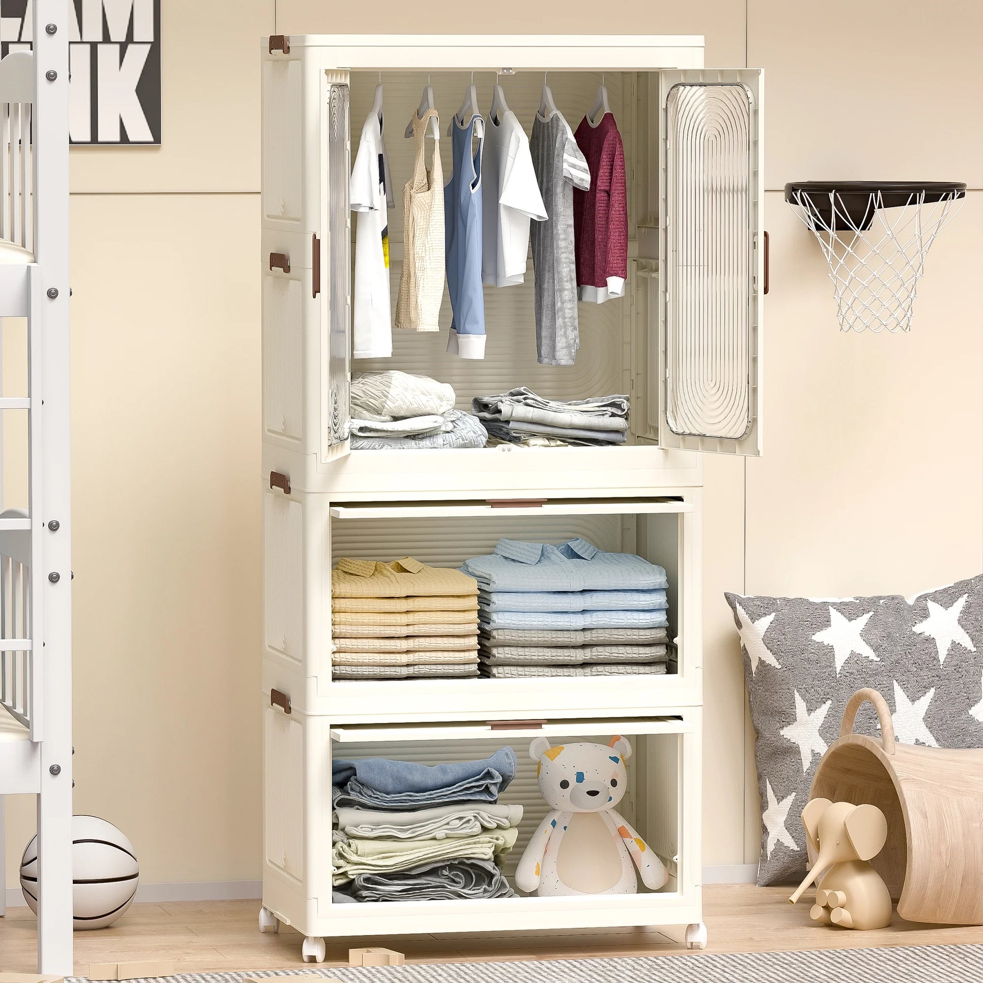 Montary Kids Portable Wardrobe w/Magnetic Doors & Hanging Rod - 4-Cube Plastic Storage Cabinet,Nursery/Bedroom