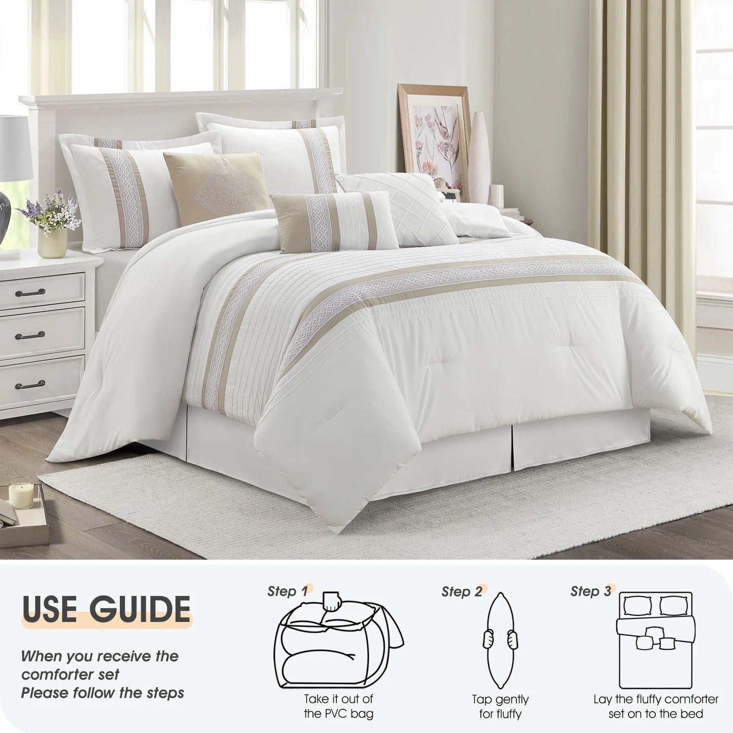 Lanco Striped 7 Piece Taupe Comforter Set, King Size Microfiber Bedding, All Season Bedding Set, Bed Skirt, Pillows & Shams