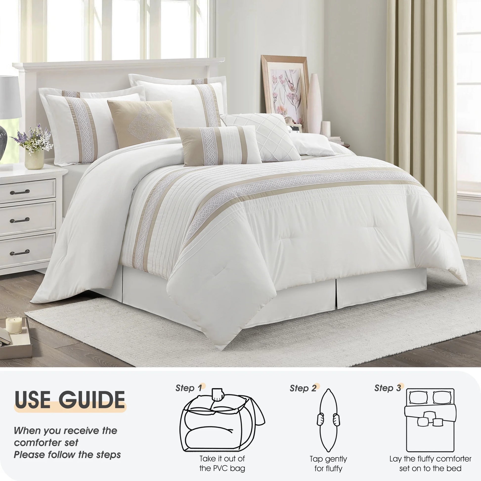 Lanco Striped 7 Piece Taupe Comforter Set, King Size Microfiber Bedding, All Season Bedding Set, Bed Skirt, Pillows & Shams
