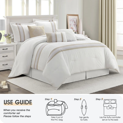 Lanco Striped 7 Piece Taupe Comforter Set, King Size Microfiber Bedding, All Season Bedding Set, Bed Skirt, Pillows & Shams