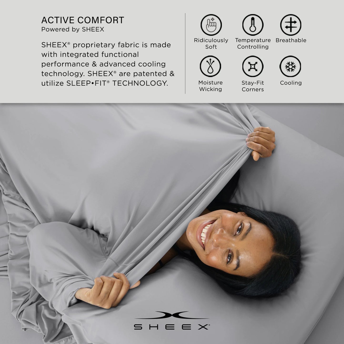 SHEEX Active Comfort Sheet Set with 2 Pillowcases, King/California King - Cooling - Breathable - Deep Pocket - Moisture-Wicking, Pewter