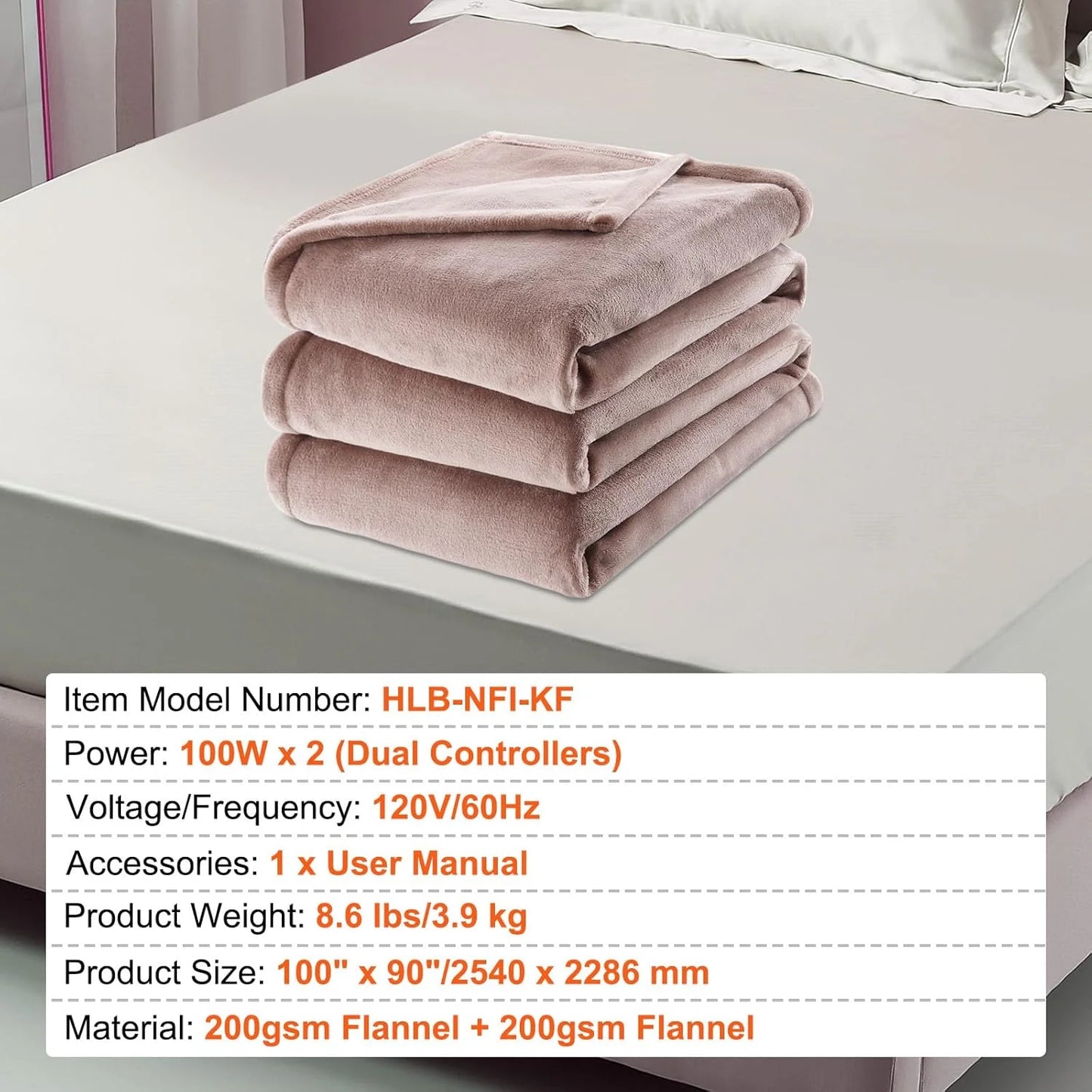 VEVOR Heated Blanket, 100"x90" King, Flannel, 10H Timer, 5 Heat Levels, Dual Control, Washable, ETL/FCC Certified (Beige)