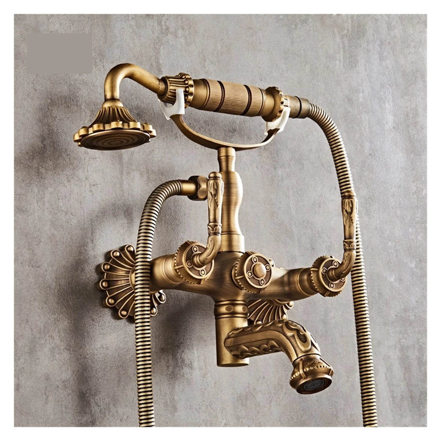 Antique Brass Bathtub Shower Faucets Set, Wall Mounted Bath Shower Set Swivel Tub Spout Bath Shower Dual Control Carved Mixer Tap