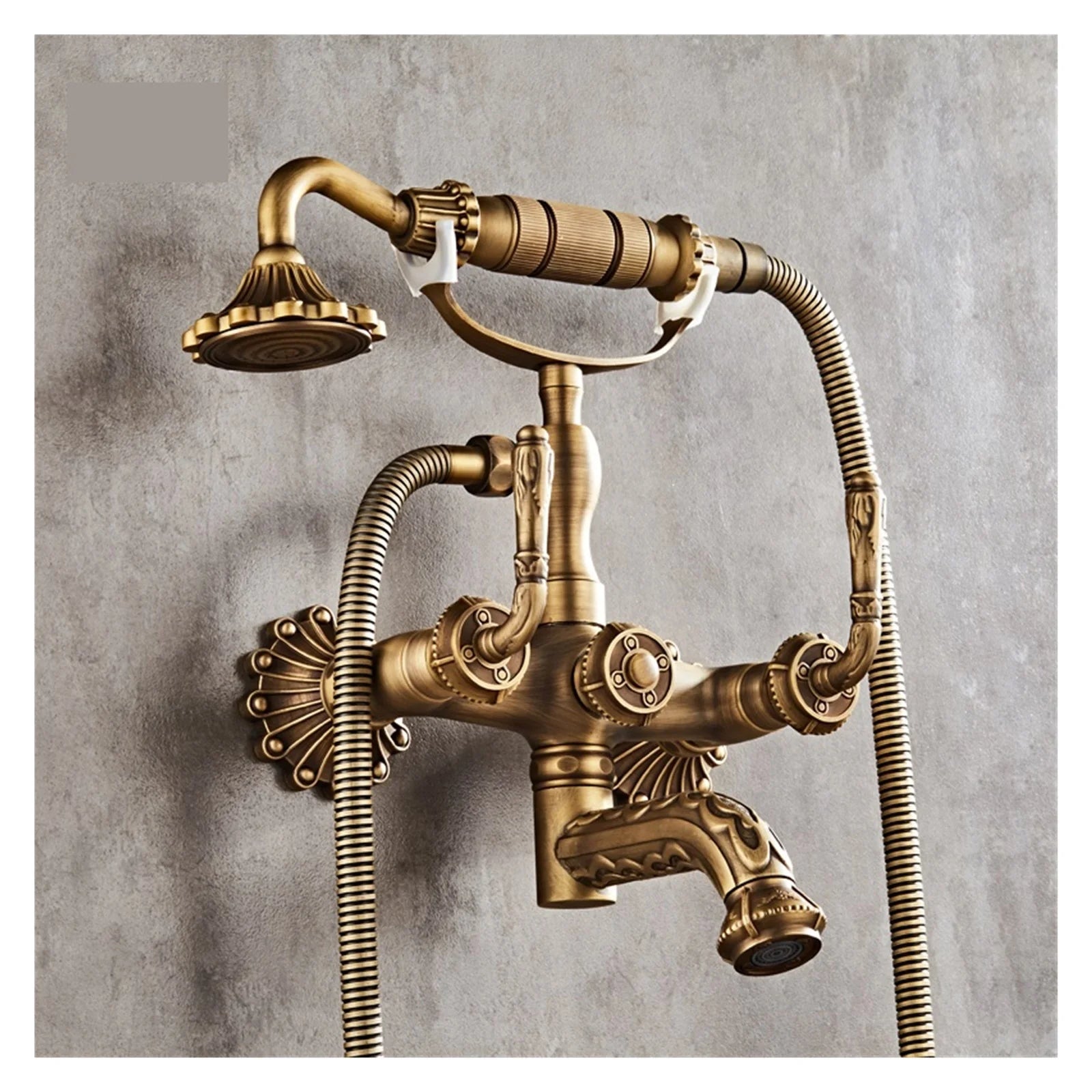 Antique Brass Bathtub Shower Faucets Set, Wall Mounted Bath Shower Set Swivel Tub Spout Bath Shower Dual Control Carved Mixer Tap