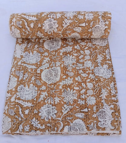 A And E Textiles House House Tan Color Kantha quilt bedding bedspread queen size quilt Indian kantha throw Kantha Block Printed floral Kantha Handblock Print floral