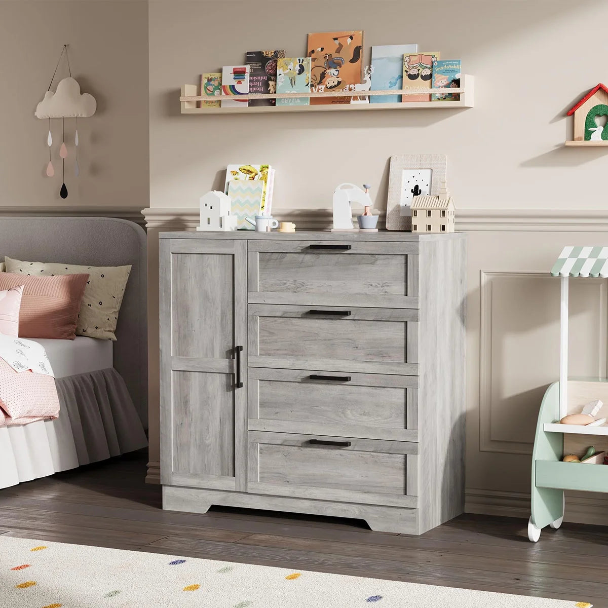 Ataucjin Wood Armoire Wardrobe Closet with 4 Drawers and Door, 43.3" H Bedroom Wardrobe Cabinet with Hanging Rod, Clothing Storage Cabinets, 4 Drawers Dresser with Storage Closet