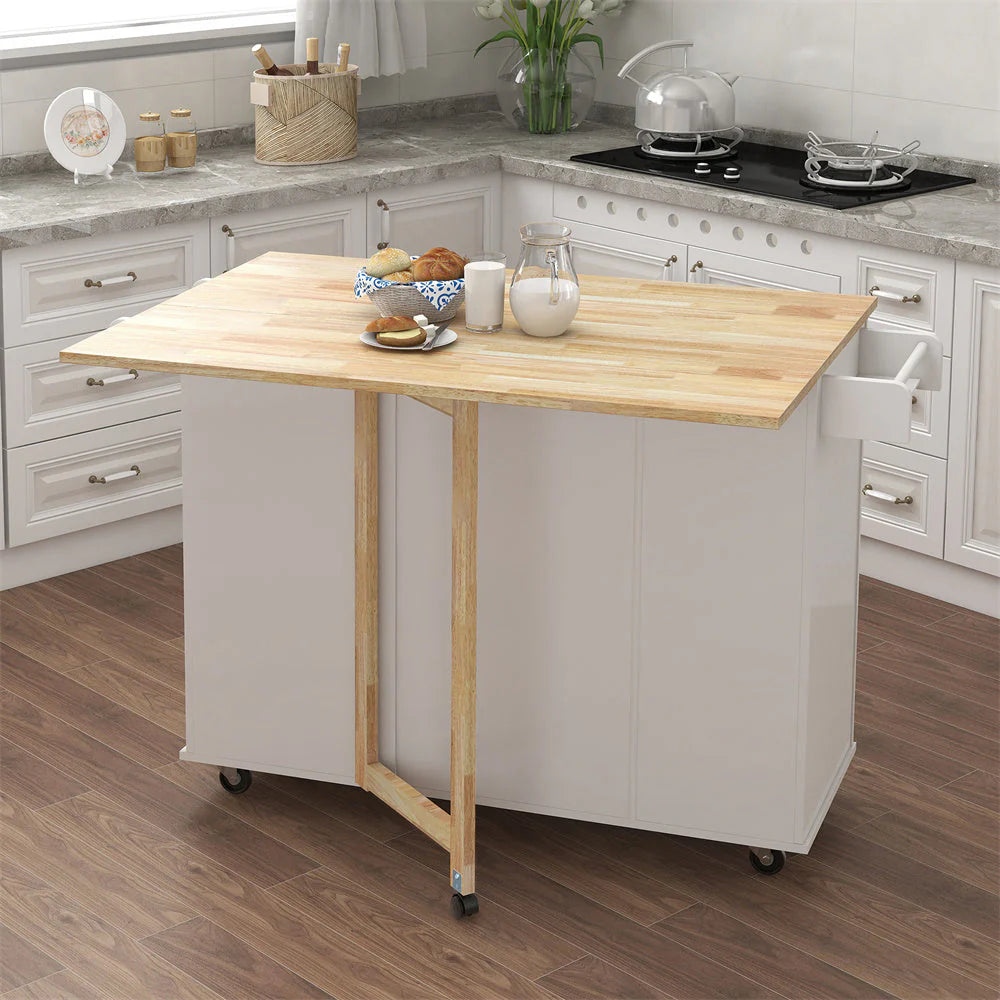 Upgraded Kitchen Island Cart with Drop-Leaf Tabletop and Locking Wheels, 43.7" Kitchen Trolley Cart with 2 Door Cabinet & 3 Storage Drawers & Spice Rack & Towel Rack, Rolling Kitchen Island Cart White