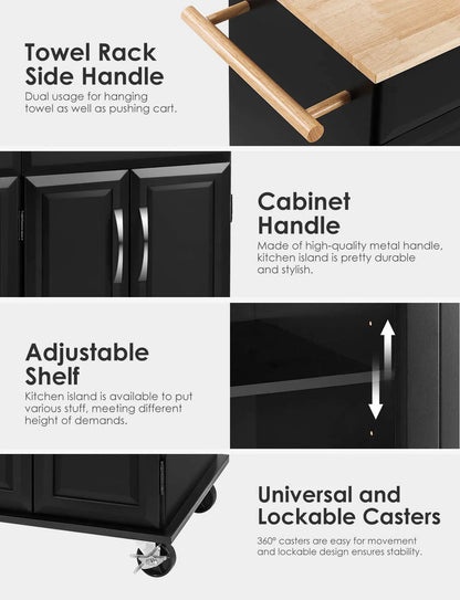 Homfa Kitchen Island on Wheels, Rolling Island Cart with Lockable Casters, Handle Towel Rack and 2 Drawers, Black