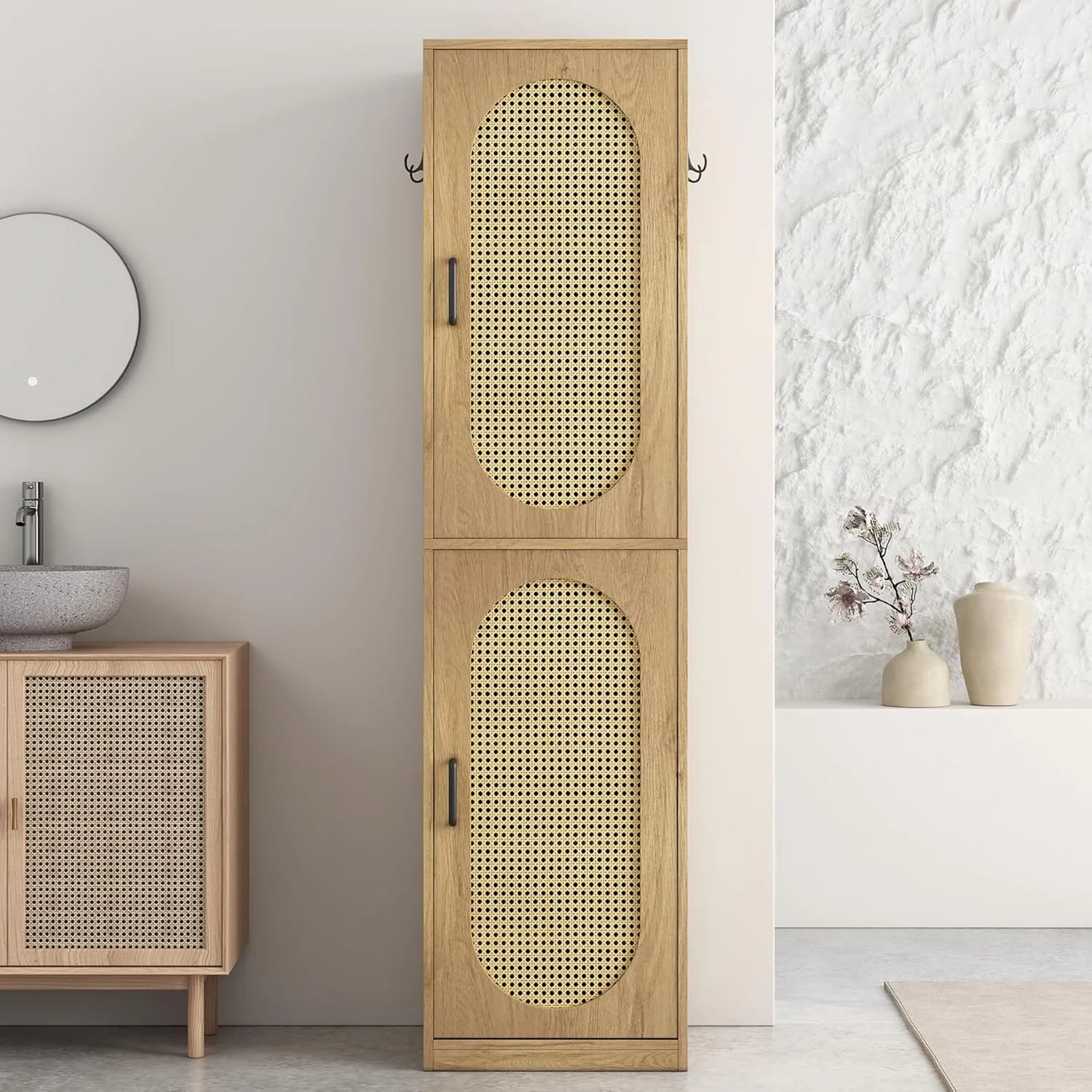 66-Inch Bathroom Storage Cabinet with Rattan Doors, Bath Room Organizer Floor Cabinets Brown