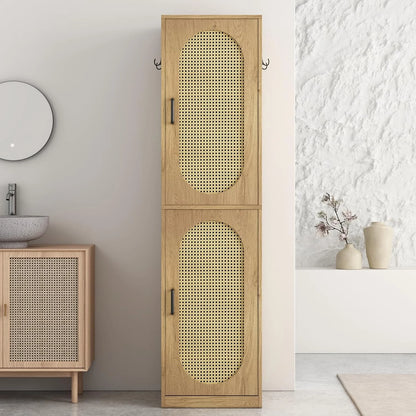 66-Inch Bathroom Storage Cabinet with Rattan Doors, Bath Room Organizer Floor Cabinets Brown