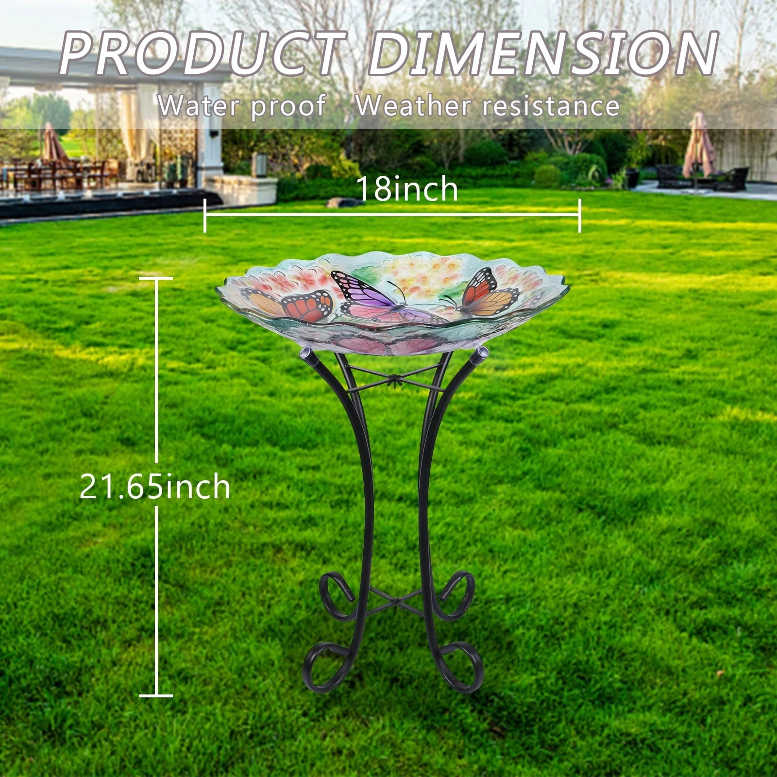Glass Birdbath with Metal Stand Outdoor for Lawn Yard Garden Butterfly Decor, 18°?Dia 21.65°?Height