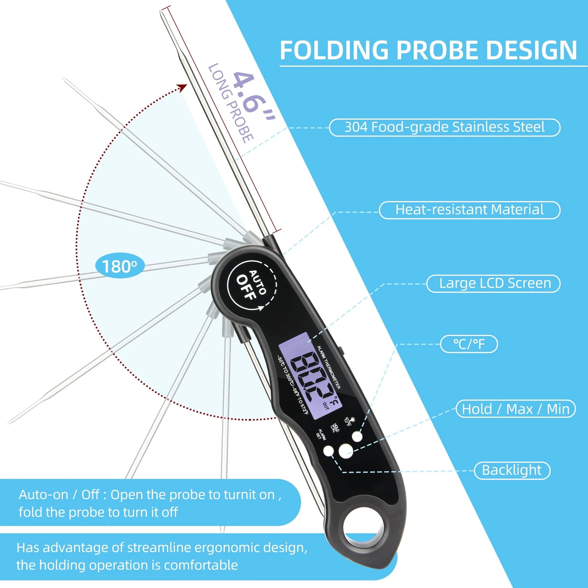 Meat Thermometer 304 Stainless Steel Meat Thermometer Probe LCD Food Thermometer Digital Extra-Long Thermometer for Cooking IP65 Waterproof